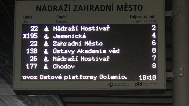 The departure board at Nádraží Zahradní Město, running on data from the Golemio platform